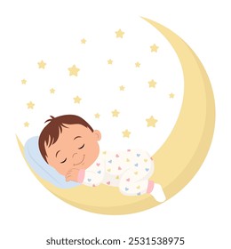 Um bebê fofo dormindo na lua. O bebê está usando pijamas bonitos com um coração. Conceito de sono de conforto do recém-nascido. Ilustração vetorial