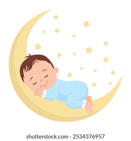 Um bebê fofo dormindo na lua. O bebê está usando pijamas azuis bonitos. Conceito de sono de conforto do recém-nascido. Ilustração vetorial