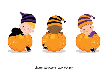 Cute Baby Sleeping On The Pumpkin. Halloween Clip Art. Flat Vector Cartoon Design