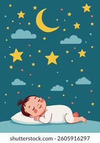 Cute baby sleeping peacefully under a starry sky with moon and clouds. Flat cartoon vector illustration in soft bedtime style, perfect for nursery or children's designs.