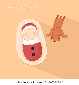Cute Baby Sleeping With Puppy. Merry Christmas Illustration  