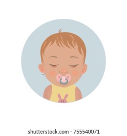 Cute baby sleeping with soother emoticon. Sleepy child with pacifier emoji. Toddler sleep with dummy vector icon. 