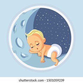 Cute Baby Sleeping Vector Cartoon. Happy newborn dreaming and taking a nap on the moon
