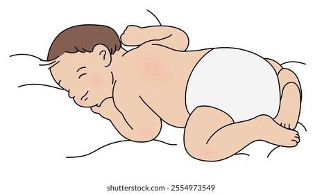 Cute baby sleeping vector illustration, Smiling baby lying on a bed sleeping, sleeping newborn baby