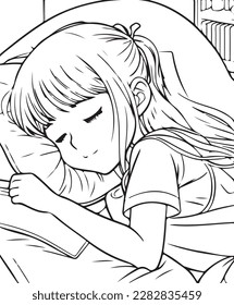 Cute baby sleeps on a pillow. Anime girl vector coloring for children