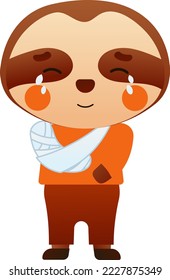 Cute baby sloath suffering from pain, broken arm injury in cartoon style