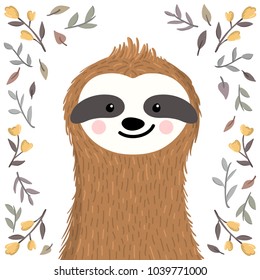 Cute baby sloth among flowers and leaves. Adorable animal illustration in the summer, spring style. Vector funny sloth for greeting card, invites, poster, phone and book cover, background