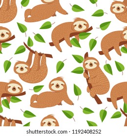 Cute baby sloth bear. Tropical bedroom vector seamless pattern. Illustration of sloth lazy endless background