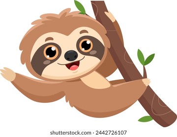 Cute Baby Sloth Cartoon Character. Vector Illustration Flat Design Isolated On Transparent Background