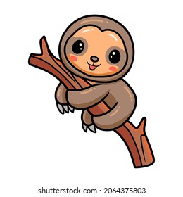 Cute baby sloth cartoon hanging on tree branch