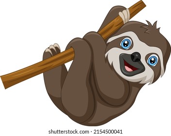 Cute baby sloth cartoon hanging on tree branch