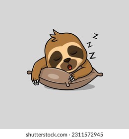 Cute baby sloth cartoon sleeping face on pillow flat vector icon illustration. Flat vector illustration, flat icon sticker isolated.