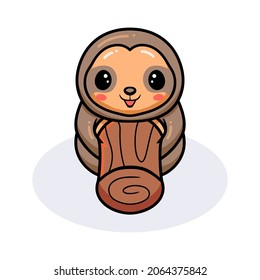 Cute baby sloth cartoon with stump tree