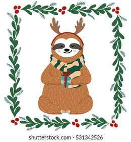 Cute baby sloth dressed in antlers. Funny sloth holding gift box. Christmas design of hand drawn hipster animal, mistletoe frame, fir branches and other elements. Vector illustration