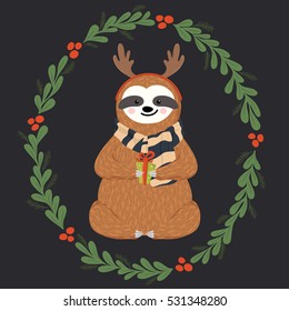 Cute baby sloth dressed in antlers. Funny sloth holding gift box. Christmas design of hand drawn animal, wreath, fir branches and other winter elements. Vector illustration