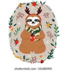 Cute baby sloth dressed in antlers. Funny sloth holding coffee cup. Christmas set of hand drawn animal, flowers, mistletoe, fir branches and other winter elements. Vector illustration