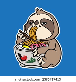 cute baby sloth eating ramen noodles. vector illustration