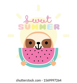 Cute baby sloth eating watermelon. Funny sloth holding watermelon slice. Summer card, poster, banner, background, t-shirt print design. Vector illustration