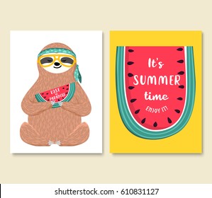 Cute baby sloth eating watermelon. Graphic set of summer cards with funny hippie sloth and watermelon slice. Adorable hipster animal wearing glasses and headband. Vector illustration