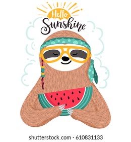 Cute baby sloth eating watermelon. Hipster animal wearing glasses and bandana. Funny hippie sloth holding watermelon slice. Summer card, poster, banner, background, t-shirt print design. Vector art