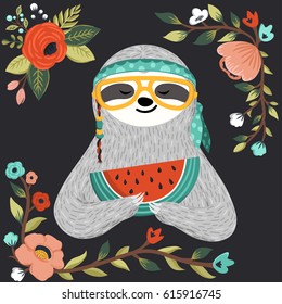 Cute baby sloth eating watermelon. Hipster animal wearing glasses and bandana. Funny hippie sloth holding watermelon slice. Summer card, poster, banner, background, t-shirt print design. Vector art