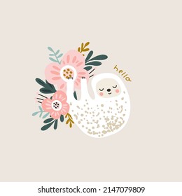 Cute baby sloth hanging on a beautiful flower. Great for kids apparel, nursery decoration. Vector Illustration