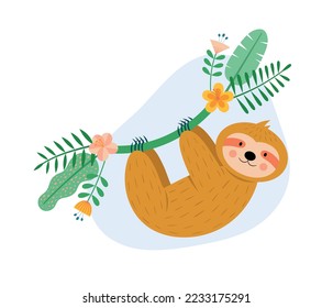 Cute baby sloth hanging on a liana with tropical leaves and flowers. Cartoon vector illustration. Can be used for birthday invitation card, nursery and kids wall art.