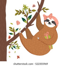 Cute baby sloth hanging on the tree and holding gift box. Cartoon funny female sloth wearing vintage headband. Adorable hand drawn forest animal. Vector