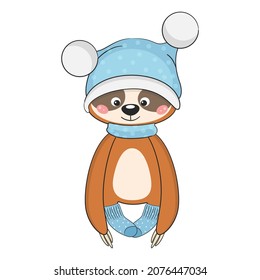Cute baby sloth in hat and socks. Vector illustration.