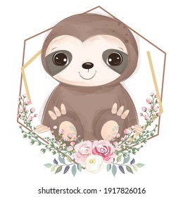 cute baby sloth illustration, animal clip-art, baby shower decoration, watercolor illustration.