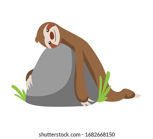 Cute baby sloth lies on a stone. Vector funny