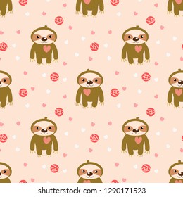 Cute baby sloth and pink heart seamless pattern. Lovely animal in Valentine concept.