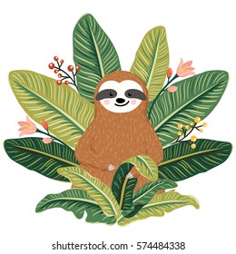 Cute baby sloth sitting among greenery. Summer print with funny sloth and throne of tropical leaves. Vector illustration