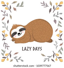 Cute baby sloth sleeping among flowers and leaves. Vector animal illustration in the summer, spring style. Lazy days design