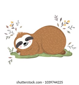 Cute baby sloth sleeping on the grass among flowers and leaves. Vector funny sloth illustration for summer and spring design. Adorable cartoon animal