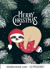 Cute baby sloth sleeping on the red Christmas ball. Adorable cartoon animal wearing Santa hat. Merry Christmas card design. Vector winter forest illustration