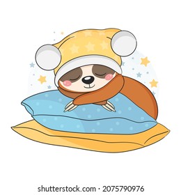 Cute baby sloth sleeping on the pillows. Vector illustration.