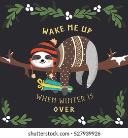 Cute baby sloth sleeping on the tree and holding gift box. Funny hipster sloth dressed up in winter style. Adorable cartoon animal. Vector winter forest illustration