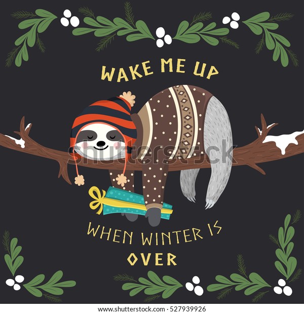 木の上で寝てギフトボックスを持つかわいい赤ちゃん 冬の服を着たおかしなヒップスター ナマケモノ 愛らしい漫画の動物 ベクター冬林のイラスト のベクター画像素材 ロイヤリティフリー