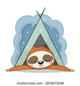 Cute baby sloth sleeping under the stars. Vector illustration.