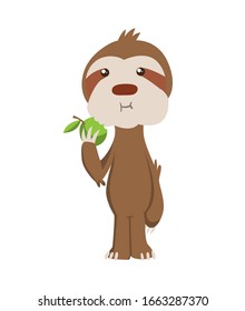 Cute baby sloth standing and eating apple. Vector