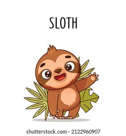 Cute baby sloth stands and waves near leaves and bushes. Vector illustration for designs, prints and patterns. Isolated on white background