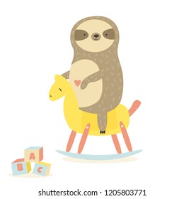 Cute baby sloth swinging rocking horse. Animal character design. Suitable for prints, greeting cards