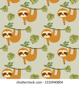 Cute Baby Sloths Seamless Pattern, Baby Sloths Background Vector on Light Green, Baby Sloth Surface Pattern for Textile design, Wallpaper, Home Decor, Baby Cloth, Fashion