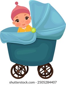 Cute baby smiling in a beautiful blue stroller. Newborn baby in yellow suit and pink hat. Vector illustration	