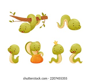 Cute Baby Snake as Crawling Creature Coiled and Slithering on the Ground Vector Set