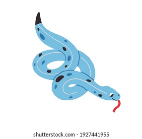 Cute baby snake with tongue out. Happy funny serpent with spots on skin. Colored flat vector illustration isolated on white background