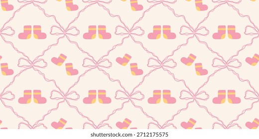 Nette Baby Socken Nahtloses Muster mit Bögen. Kokette Kindergarten Hintergrund. Perfekt für Kindergewebe, Umhüllungspapier, Babyduschdekor, Tapete