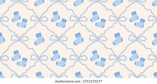 Nette Baby Socken Nahtloses Muster mit Bögen. Kokette Kindergarten Hintergrund. Perfekt für Kindergewebe, Umhüllungspapier, Babyduschdekor, Tapete
