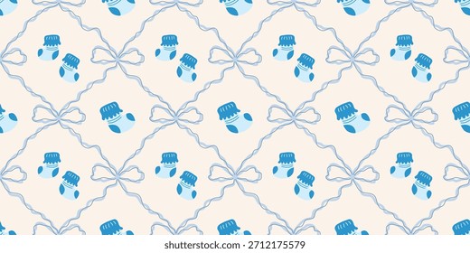 Lindo patrón de calcetines de bebé sin fisuras con lazos. Fondo del vivero de Coquette. Perfecto para la tela de los niños, papel de embalaje, decoración de la ducha del bebé, Fondo de pantalla